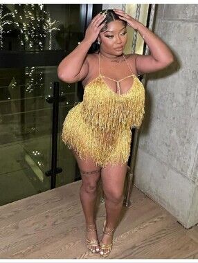 Gold Fringe Bodysuit, Rhinestone Tassel Bodysuit, Birthday Outfit, Bachelorette